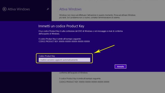 Attivare Windows: Schermata di richiesta codice